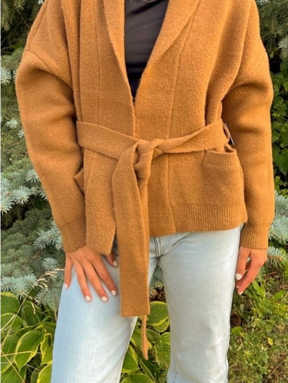 RD Style Camel Belted Wool-Blend Cardigan